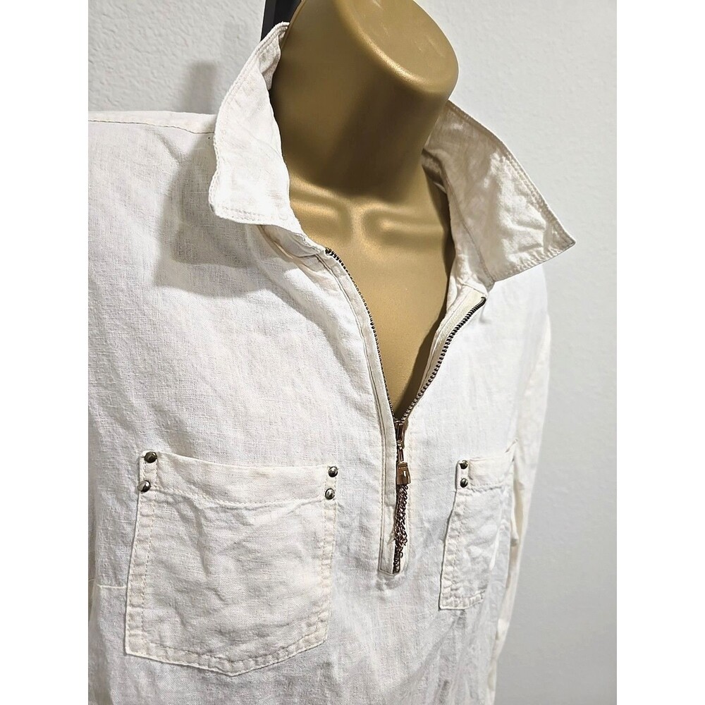 Linen Blend 1/4 Zip Top Womens Lg Cream Pockets Minimalist Preppy Casual Neutral